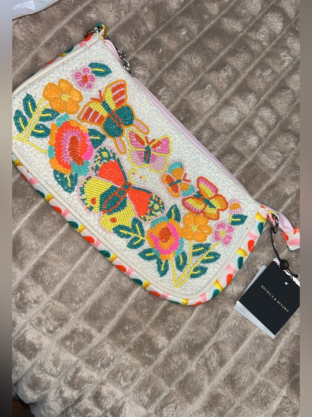 NWT America & Beyond Beaded Butterfly Floral Wristlet with silver chain strap